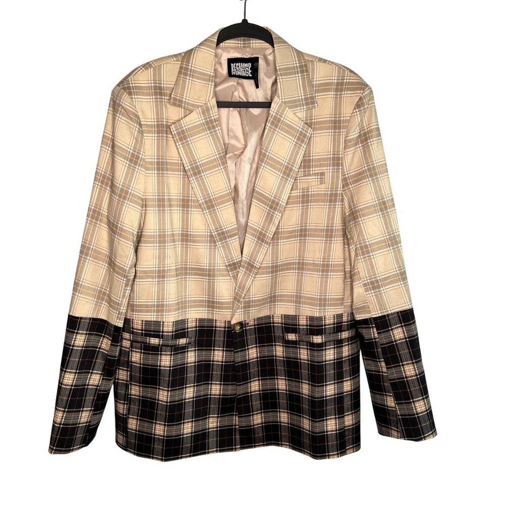 Reclaimed Vintage Two-Tone Beige & Black Plaid Blazer Jacket Unisex Size 42